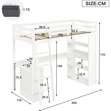 Hochbett Kinder Einzelbett mit Regal, Eckablage und Schrägleiter, 90 x 200 cm, Ohne Matratze, Weiß (1/4)