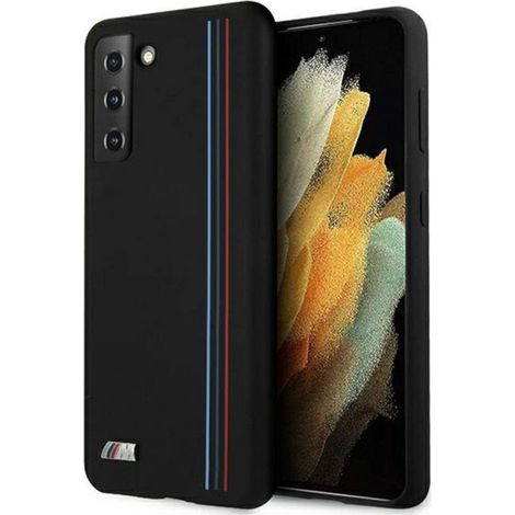 Coque BMW BMHCS21MSIVTBK S21+ G996 en silicone noir à rayures, collection M