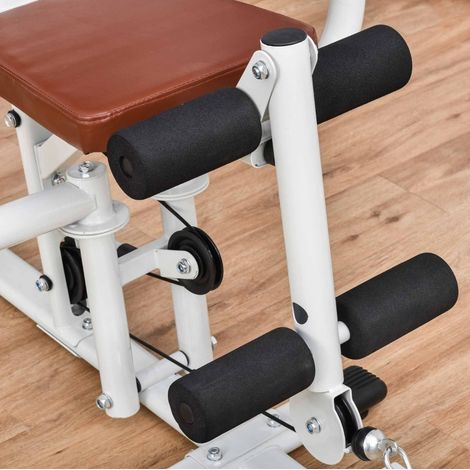 Estación de musculación multifunción con pesos, polea dorsal y leg curl, blanco OKMYHOME (1/5)