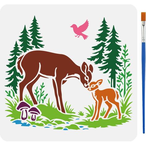 Pochoir de Peinture de Biche et Faon dans la Forêt avec Pinceau, 30x30cm Pochoir de Motif de Silhouette de Cerf Forestier Pochoirs d'Animaux de la Forêt pour Peinture sur Bois Mur Tissu (1/5)