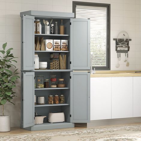 Moderner Küchenbuffetschrank mit Schränken und verstellbaren Einlegeböden, 76 x 40,5 x 184 cm, grau