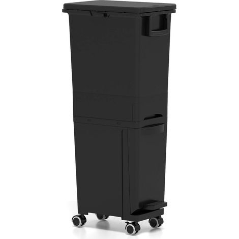 Poubelle de tri noire 3 en 1 en PP avec 2 compartiments, bac basculant à pédale et tiroir central, roues pour cuisine et salon (1/3)