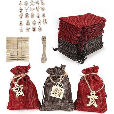 Weihnachts-Adventskalenderbeutel, 24 Tage, hängender Countdown-Süßigkeitenbeutel mit Holz-Zahlenanhängern, Clips und Hanfseil für Weihnachtsbaum-Partygeschenke
