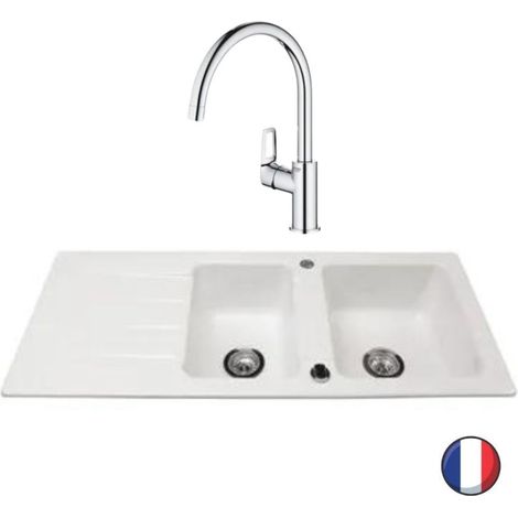 Evier 1 bac et demi 116 x 51 cm VILLEROY ET BOCH Architectura 8 Blanc + Robinet cuisine GROHE Bauloop
