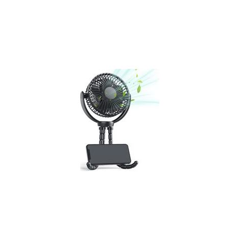 Mini ventilateur USB noir avec trépied 3 vitesses, 5000mAh, rotation 360° pour une utilisation pratique au bureau