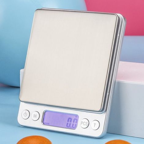 Balanza digital de precisión de 0,1 g a 3 kg，Funciona con pilas (2x AAA)，tapa de acero inoxidable，pantalla iluminada en azul，repostería y recetas (1/5)