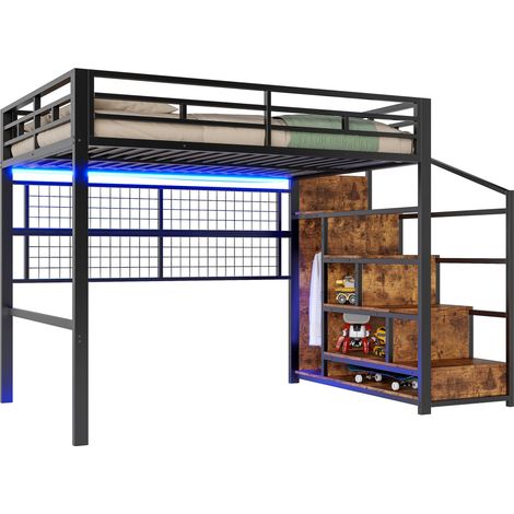 Lit mezzanine 140 x 200 cm en métal noir avec armoire intégrée, échelle de rangement, grille suspendue et LED 7 couleurs, sans matelas CHICFURN (1/5)