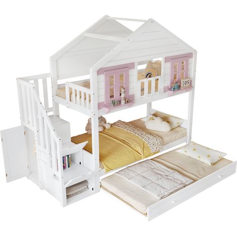 Lit superposé enfant en bois massif et MDF blanc et rose 90x200 cm avec lit gigogne, escalier de rangement et penderie (1/5)
