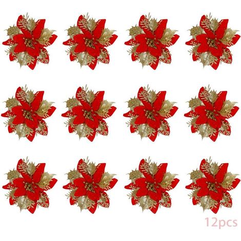 24 fleurs de Noël, paillettes, plastique, tissu, or, argent, rouge, décoration sapin, salon (1/5)