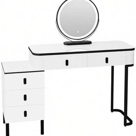 Tocador blanco y negro con espejo LED giratorio de 45 cm, 5 cajones, 100 x 40 cm, MODENUIT (1/5)