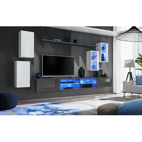 Ensemble meuble TV mural Switch XXV - L 280 x P 40 x H 140 cm - Gris et blanc - Livraison gratuite