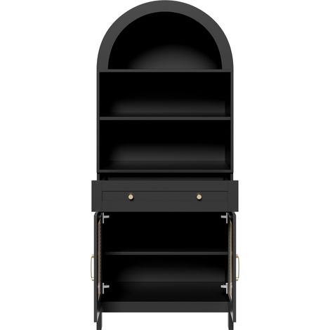 Armoire vitrine incurvée avec portes en rotin noir effet bois 70 x 40 x 170 cm (1/5)