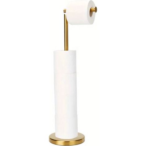 Porte-papier toilette doré, sur pied, avec compartiment pour 4 rouleaux de rechange et base robuste. (1/5)