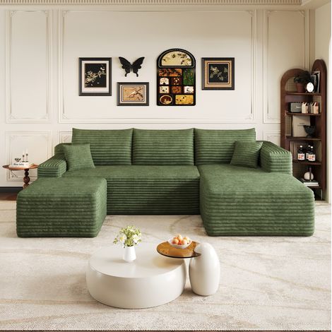 Divano angolare 241 cm verde in tessuto effetto velluto a coste con chaise longue reversibile senza montaggio (1/5)