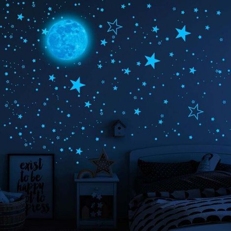 Autocollants Lumineux Lune Étoiles Lumineuses Stickers Muraux Décoration de Plafond Fluorescent Autocollant pour Chambres d'enfants (1/4)