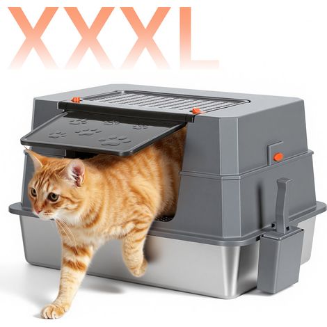 TolleTour Maison de toilette pour chat en inox 70 x 50 x 43 cm, grand format avec couvercle amovible et bord haut (1/5)