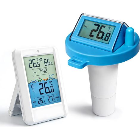Thermomètre solaire sans fil flottant - Thermomètre numérique de température de l'eau avec sonde intérieur/extérieur pour piscine, jacuzzi, bassin et aquarium (piles non incluses) (1/5)