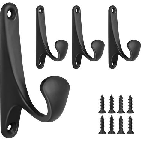 Lot de 4 crochets muraux noirs pour suspendre les vêtements, robustes, crochets de porte en métal avec vis (1/5)