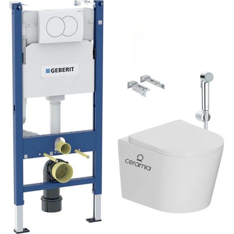 WC-Set Geberit Duofix 112 cm + Ceramia Tornado Hängetoilette SoftClose + Grohe Handbrause + Delta01 Weiß (CETORGEB3SPR2VP-IN)