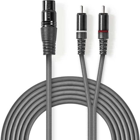 Cable de audio balanceado xlr hembra de 3 pines 2x rca macho niquelado 150 metros redondo pvc gris oscuro funda de carton