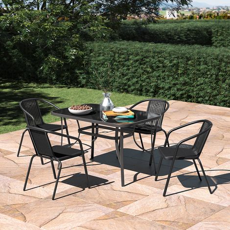 Black Set of 5 Garden 120CM Rectangle Glass Umbrella Table and Stackable Chairs Set (1/5)