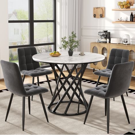 Conjunto de comedor de MDF y metal multicolor, 5 plazas, mesa redonda con sillas de terciopelo y patas regulables (1/5)