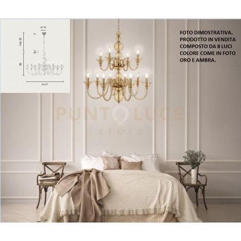 LAMPADARIO TEBE 8 LUCI AMBRA E ORO ATTACCO E14 D.87CM