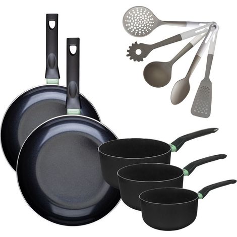 Lot de 2 Poêles 28/30 cm et 3 Casseroles 16/18/20 cm Fackelmann Brandao avec 5 ustensiles de cuisine Vario (1/5)