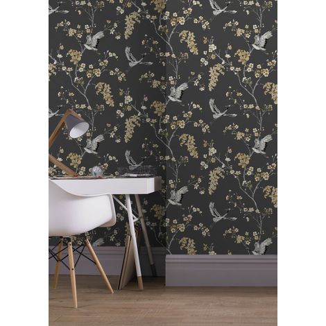 Papier peint intissé Alexa Grues 1005 x 52cm Anthracite, Or