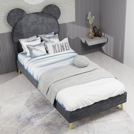 Lit rembourré moderne et minimaliste avec tête de lit douce à motif de dessin animé, 90 x 200 cm, gris, meuble de chambre multifonctionnel, sommier bas sans rangement (sans vérin à gaz), matelas non i (1/5)
