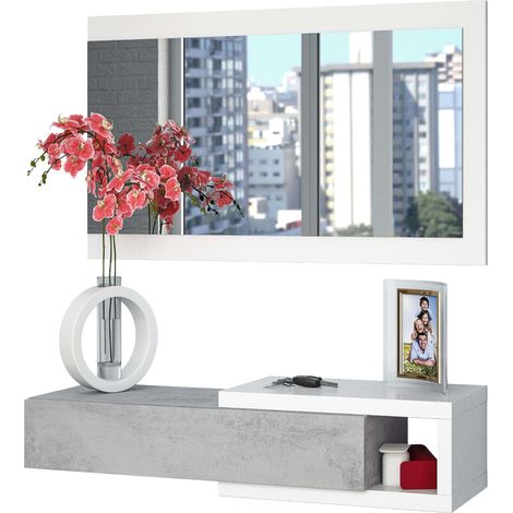 Meuble d'entrée avec tiroir et Miroir Finition Blanc et Gris Ciment, Dimensions : 95 x 19 x 26 cm (l x H x P). (1/5)