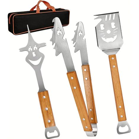 3 Pièces Kit Barbecue,Set Barbecue avec Sac de Transport,Ustensiles Barbecue Acier Inoxydable et Bois,Set Accessoires Barbecue pour Camping et Jardin (Kit Barbecue 3 Pièces) (1/5)
