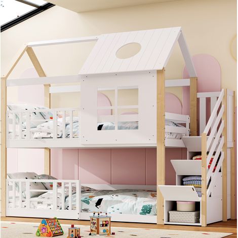 Letto a castello 90x200 cm bianco e naturale in pino e MDF con scala contenitore (1/5)