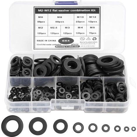 684 Pièces Rondelles Plates Noir, 9 Tailles de Rondelles M2 M2.5 M3 M4 M5 M6 M8 M10 M12, Acier au Carbone Plat Rondelles avec 1 Boîte Plastique, pour Fixations Mécaniques Industrielles