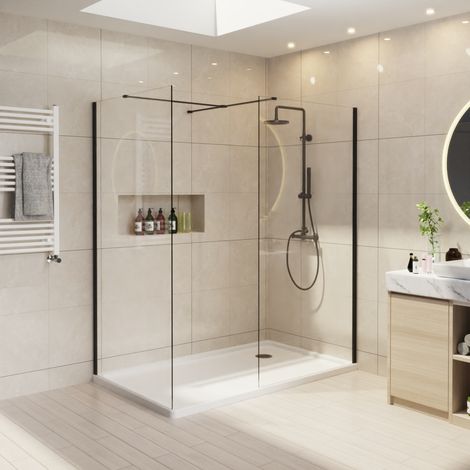 Wet Room Walk In Shower Enclosure Black Easy Clean Glass Panels 900mm & 1200mm (1/5)