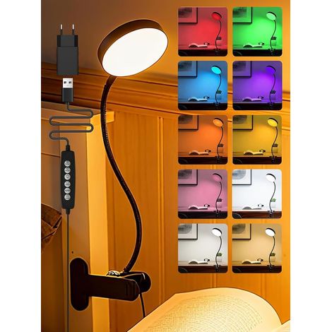 Lampe de Bureau,72 LED 10 RVB Couleurs+10 Niveaux de Luminosité Lampe Pince 500 Lumen Lampe Pour Lire Dans Le Iit, USB Adaptateur Lampe LED, Flexible à 360° Lampe de Lecture Pour Lire au Lit/Chevet [ (1/5)