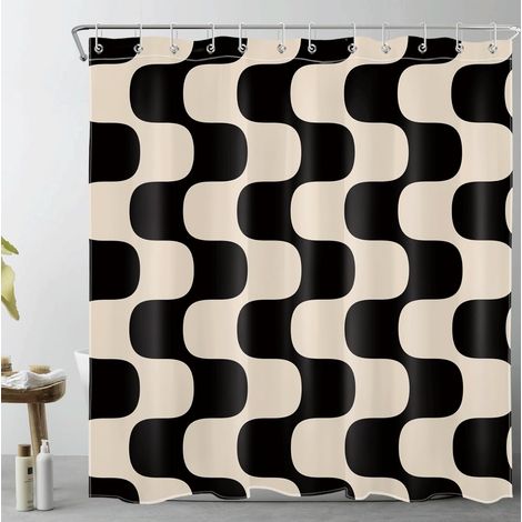 Moderne Rideaux de Douche 180x200cm Noir rayé sur Beige Vintage Rideaux de Bain avec Crochets,Art Abstrait Extra Longue Imperméable Polyester Anti Moule Salle de Bain Décor (1/5)