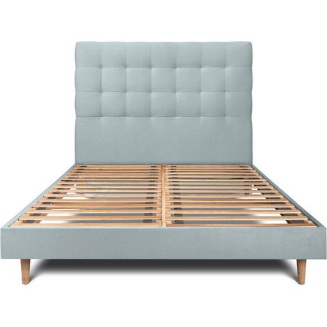 Lit 150x190cm avec tête de lit capitonnée velours et sommier kit Gris bleuté - Hauteur totale : 29cm (1/5)