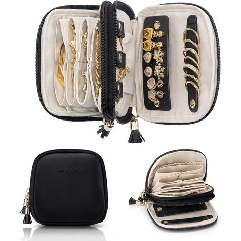 Boite a bijoux voyage Franges à 2 couches, Rangement Bijoux femme Pochette bijoux voyage avec 6 couches pour bagues boucles , cadeau, cadeau femme, accessoires mode femme, Noir (1/5)