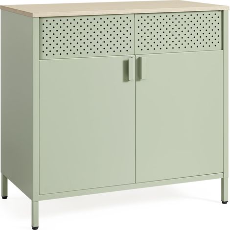 Meuble de Rangement, Buffet, en Métal, Double Porte, Fermeture Magnétique, Cadre en Acier, 40 x 80 x 76 cm, Vert Laurier et Couleur Chêne Naturel LSC102C01 (1/5)