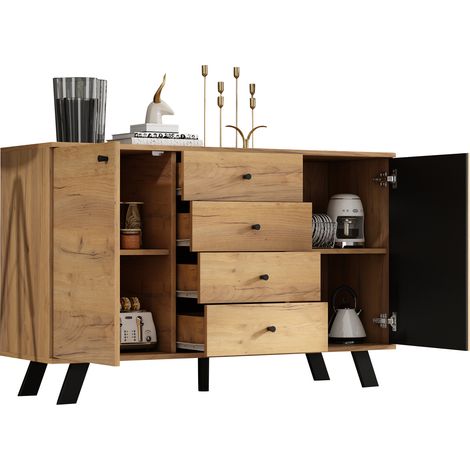 Buffet et Enfilade avec 2 Portes et 4 Tiroirs, 5 Niches, en MDF et Bois Massif, Noir et Bois, 120×38×75 cm (1/5)