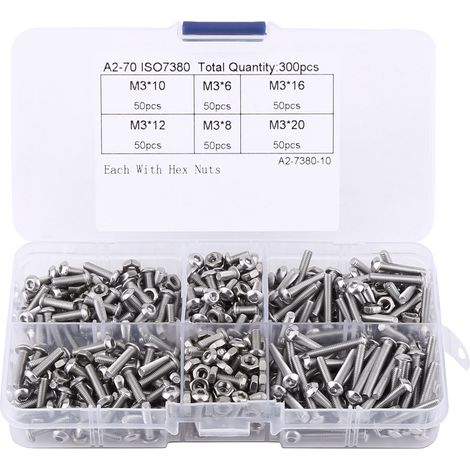 Kit d'assortiment de 300 vis à tête bouton hexagonale creuse en acier inoxydable M3 avec écrous