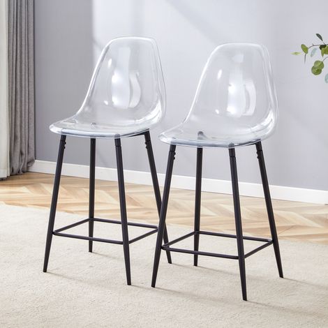 Set de 2 tabourets de bar transparents avec structure noire en métal et repose-pieds (1/5)