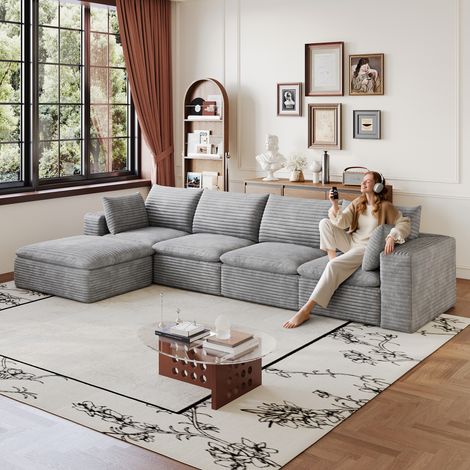 4-Sitzer-Kombisofa mit Hocker, 340 cm, Cordbezug, doppelter Komfort, keine Montage erforderlich, hellgrau