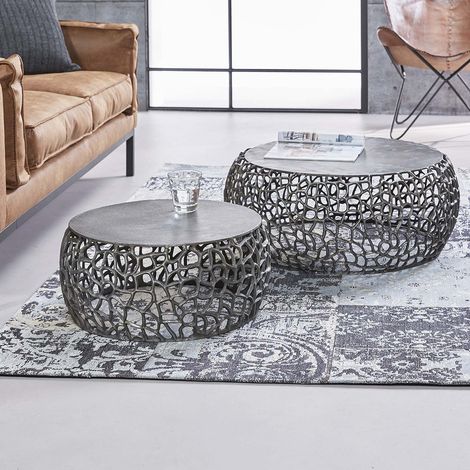 Lot de 2 tables basses rondes industrielles en métal noir Jean (1/3)