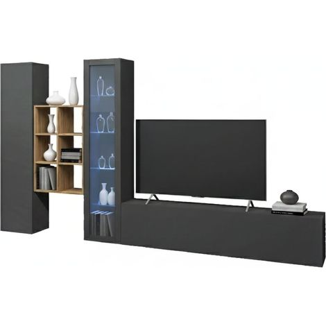 Dmora - Parete attrezzata Ausonia, Set salotto porta TV a 3 ante, Mobile soggiorno multiuso con vetrina e luce LED, 100% Made in Italy, cm 320x30h180, Antracite