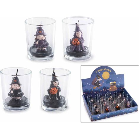 Candele di Halloween in vasetto di vetro trasparente con streghetta, in espositore da 12 pezzi, set da 12 pezzi, Candela: Ø 5,5 x 6,5 H