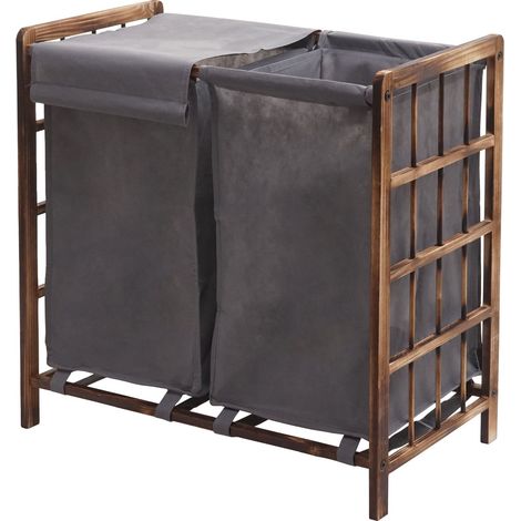 Wäschesammler HHG-582, Laundry Wäschebox Wäschekorb, Massiv-Holz 2 Fächer 60x60x33cm 68l braun, Bezug grau