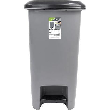 JVL Slim Plastic Lidded Foot Pedal Waste Bin, 40L, Grey (1/5)