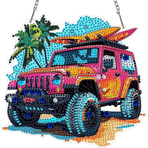 Diamantmalerei Anhänger Strand Auto mit Surfbrettern, doppelseitig, 20x20cm